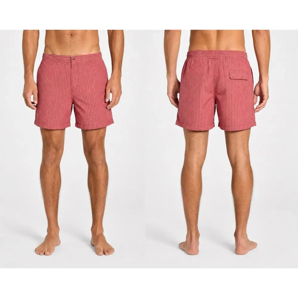 Peter Millar Seersucker Gingham Swim Trunks Red/Gray — Size 2XL